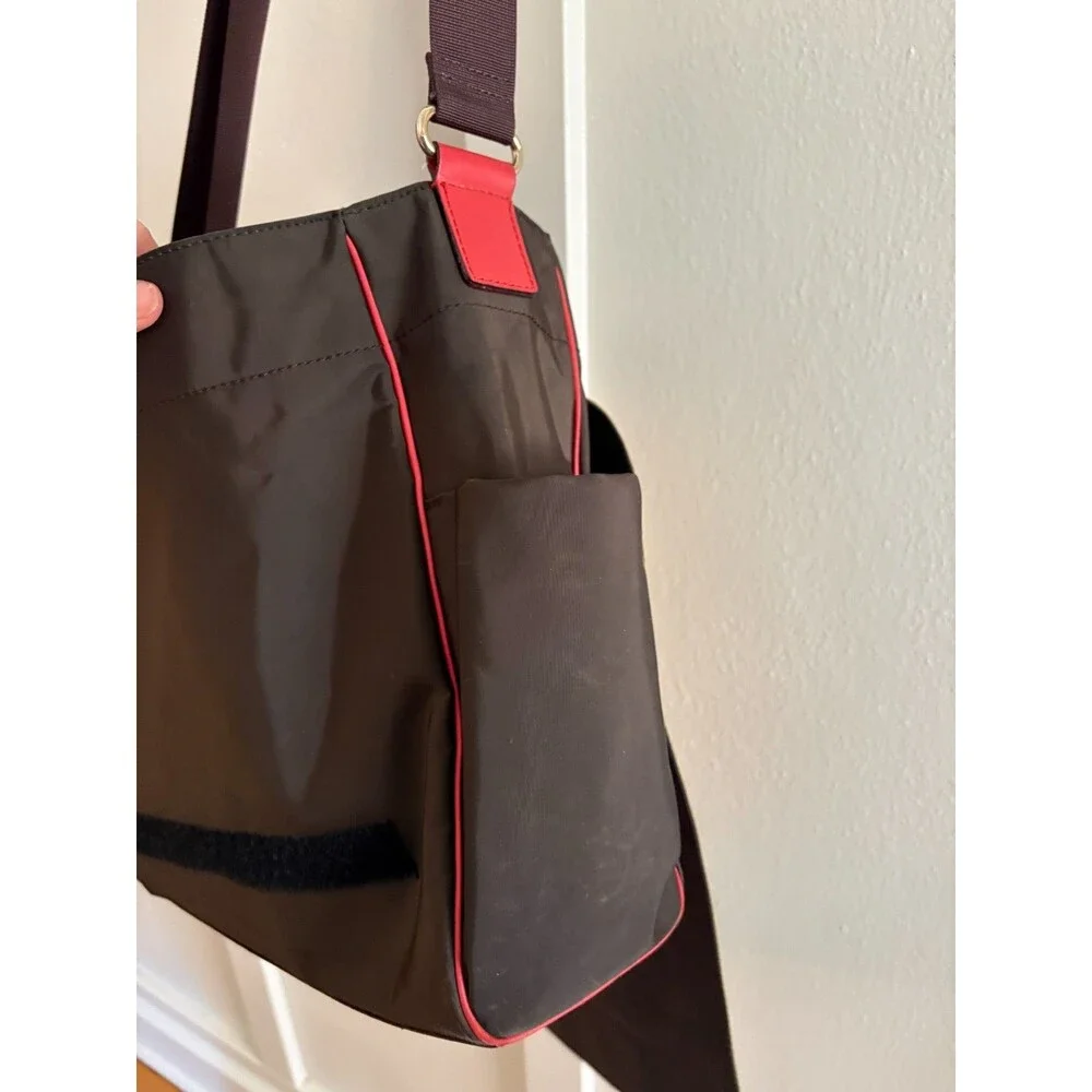 Kate Spade New York brown + red nylon + leather Baby Bag Tote messenger workbag